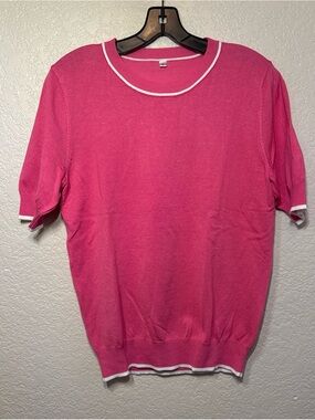 Bright Pink Short Sleeve Sweater with White Trim